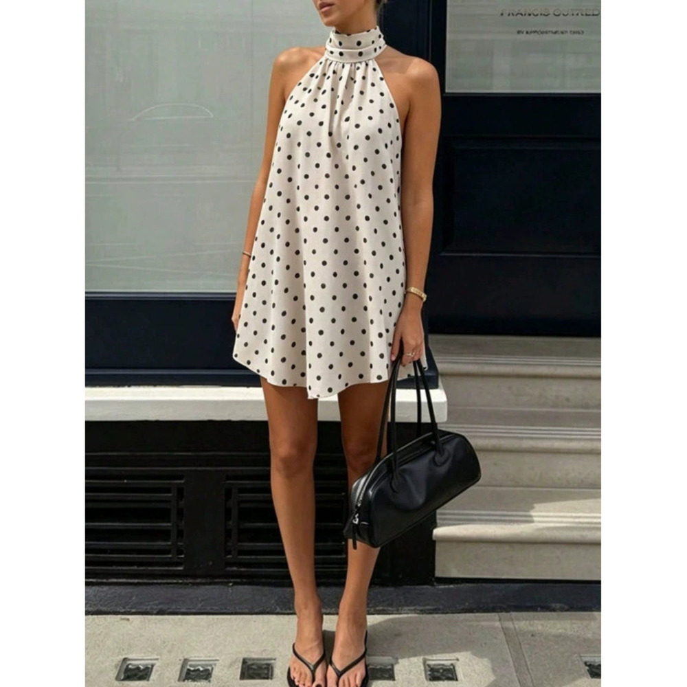 ZARA Womens Polka Dot Halter Neck Sleeveless Loose Fit Slimming Tie Waist Dress